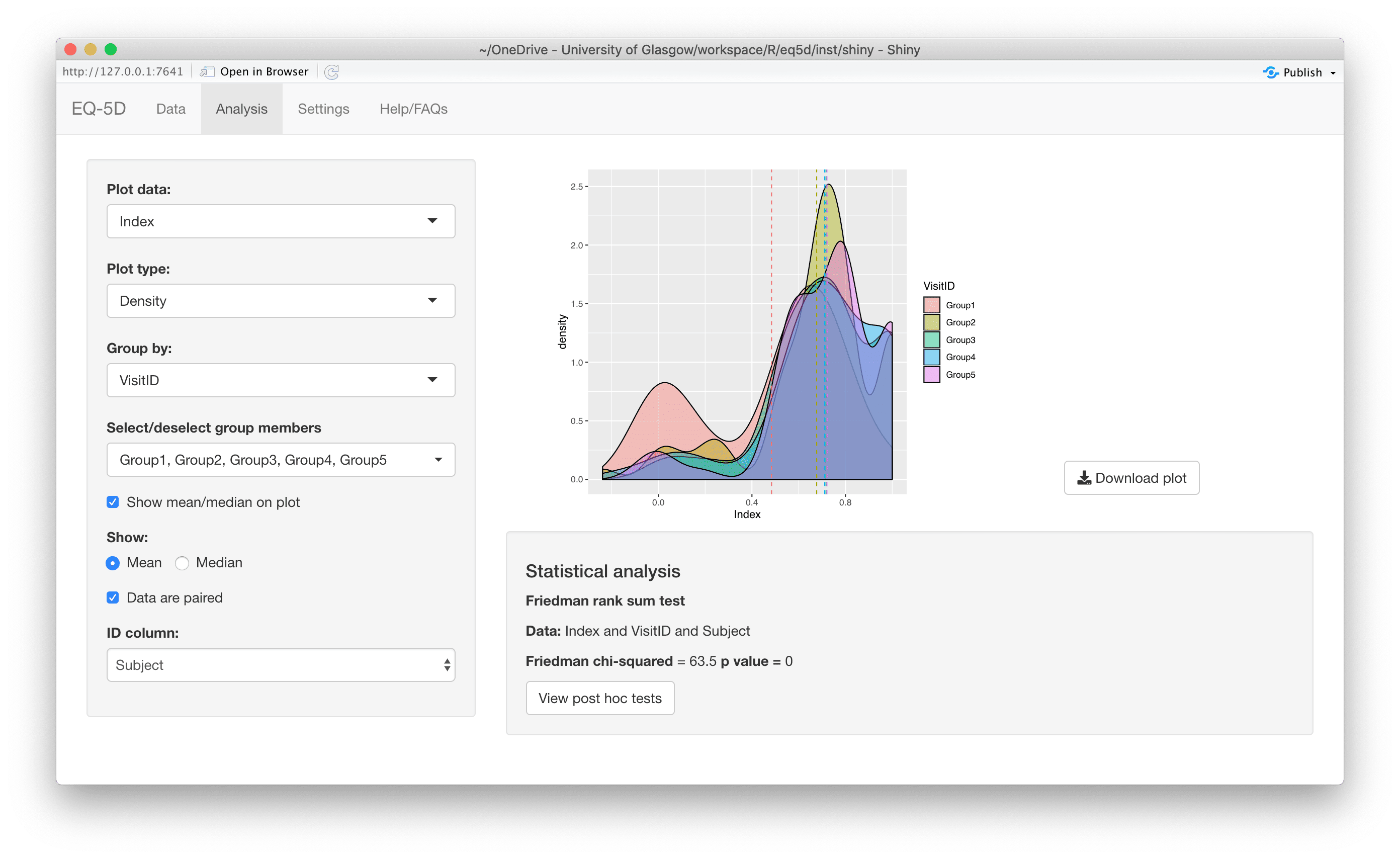 Shiny EQ-5D app density plot screenshot